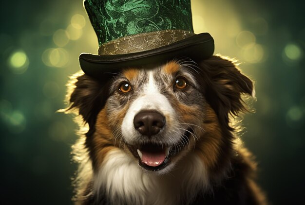 A dog portrait with a hat for St Patricks Day on a bright background