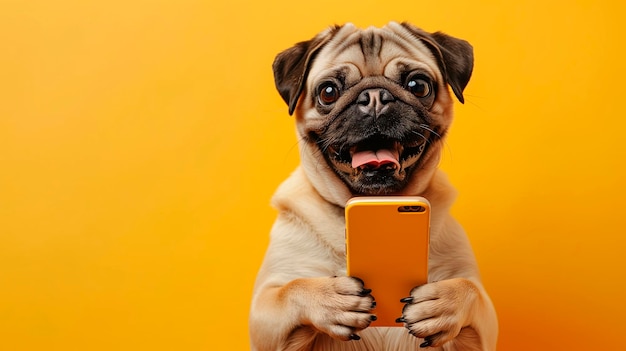 Photo dog pug holding a cell phone with its paws on a plain yellow background simulating a studio photo