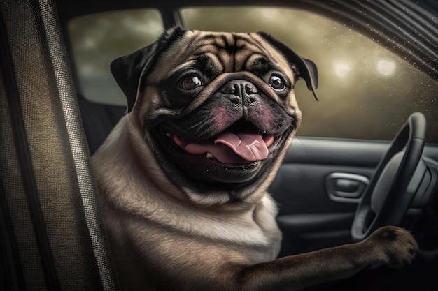 Собака Мопс Породистая собака с улыбкой в машине Портрет Про животных