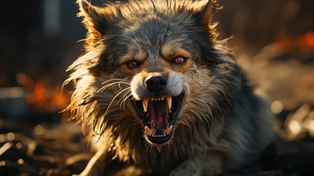 Photo dog pulls up his lips and shows his teeth