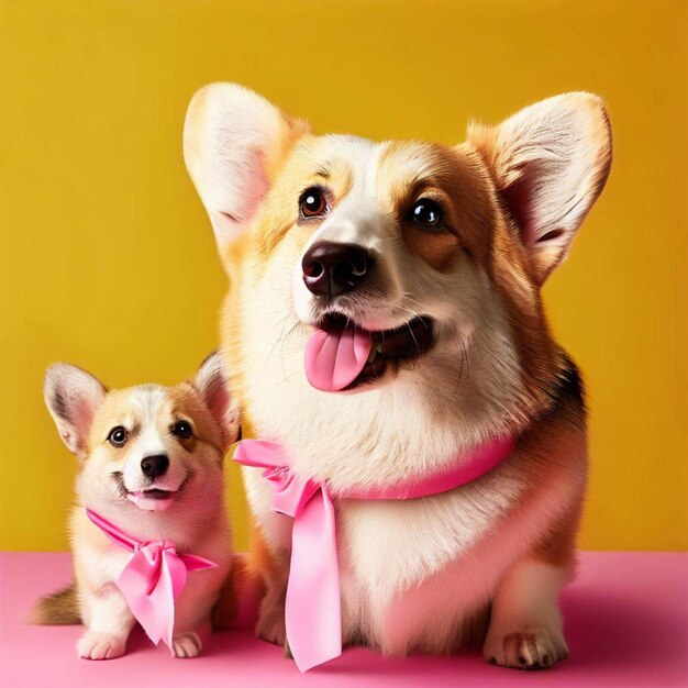 A dog and a puppy are sitting together on a pink background