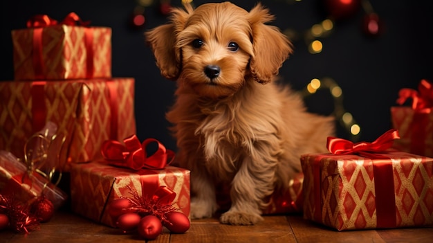 dog puppy playing with gift boxes for christmas Generative AI