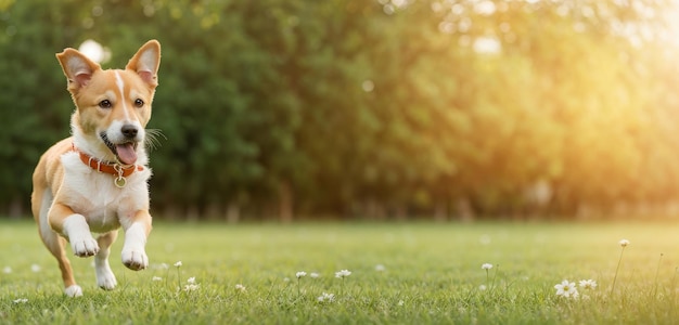 Foto cane cucciolo che corre sull'erba in primavera concept estivo primaverile giocoso animale domestico felice cane cuccino che corre nell'erba cane divertente e felice che salta sul prato di fiori