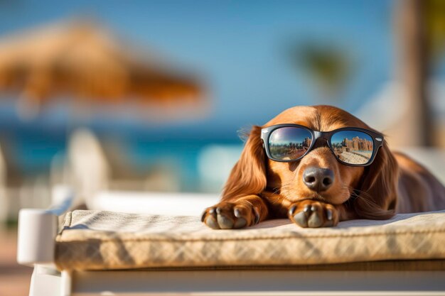 Dog puppy wearing sunglasses lying on a sunbed to sunbath at the beach sea on summer vacation holidays funny concept ai generative