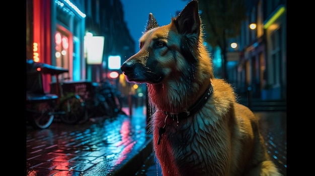 A dog in the rain at night