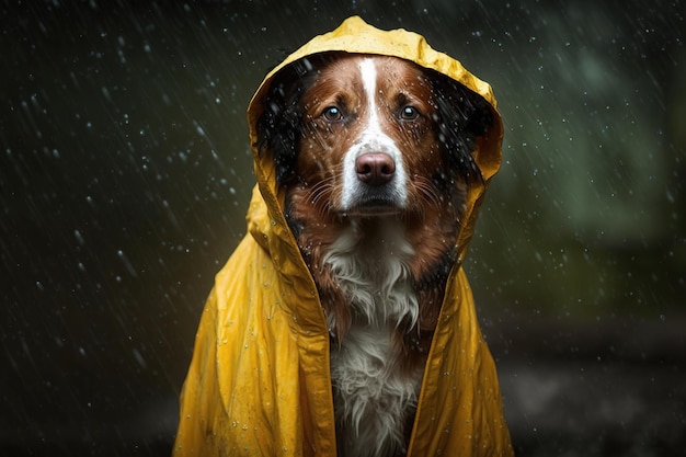 The dog in the rain sits in a raincoat in nature Generated by AI