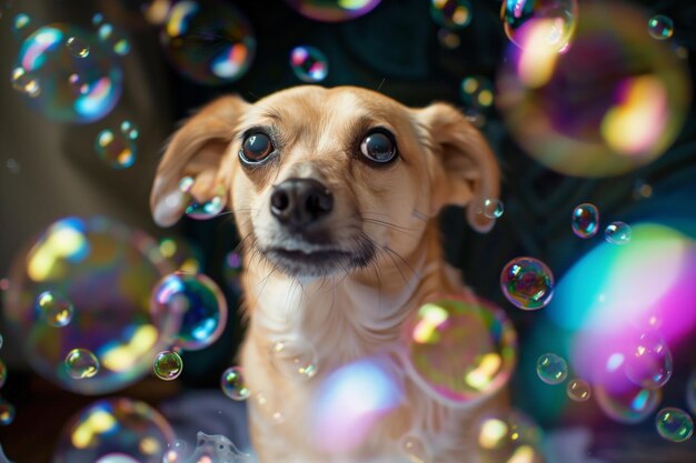 Dog in a rainbow of soap bubbles with wide open eyes