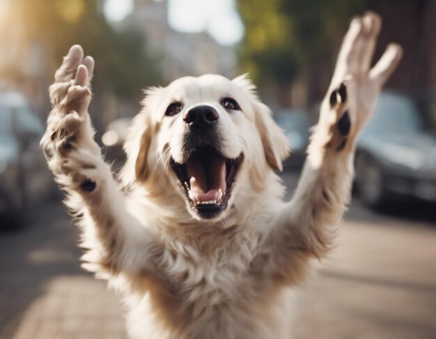 Photo a dog raising both hands raw photo cute hooray happy dog