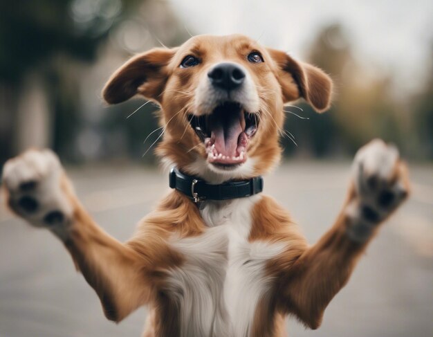 Foto un cane che solleva entrambe le mani foto grezza carino hurra cane felice