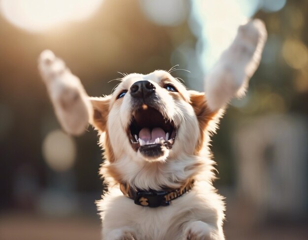 Foto un cane che solleva entrambe le mani foto grezza carino hurra cane felice