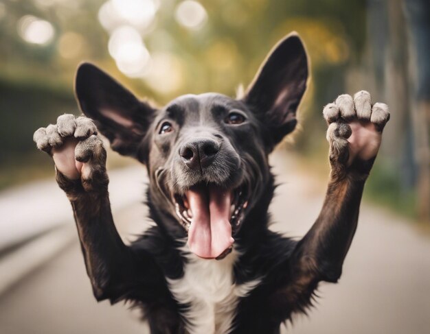 Photo a dog raising both hands raw photo cute hooray happy dog