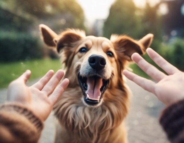 Photo a dog raising both hands raw photo cute hooray happy dog