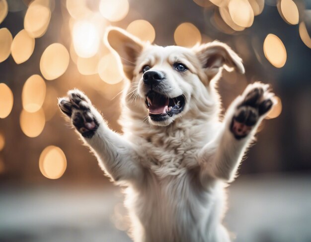 Собака поднимает обе руки сырой фотографии милая ура счастливая собака