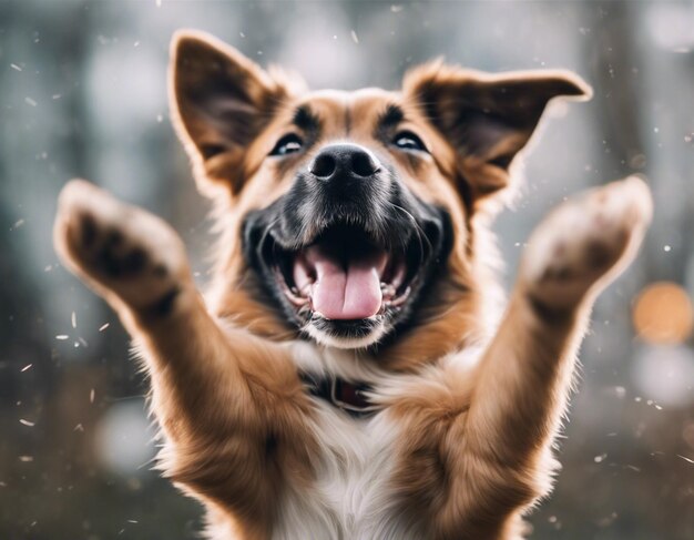 A dog raising both hands raw photo cute hooray happy dog