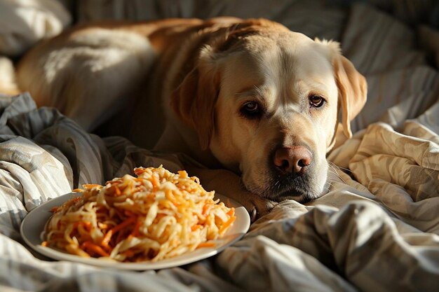 写真 犬が食べる準備ができている