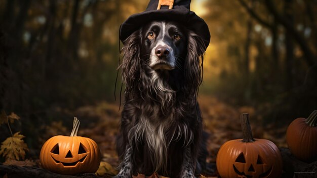 Dog ready for halloween in garden