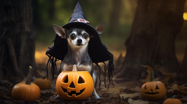 庭でハロウィーンの準備をしている犬