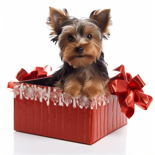 A dog in a red box with a bow on it.