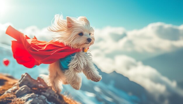 a dog in a red cape running with a red cape Superhero puppy Flying puppy Powerful puppy