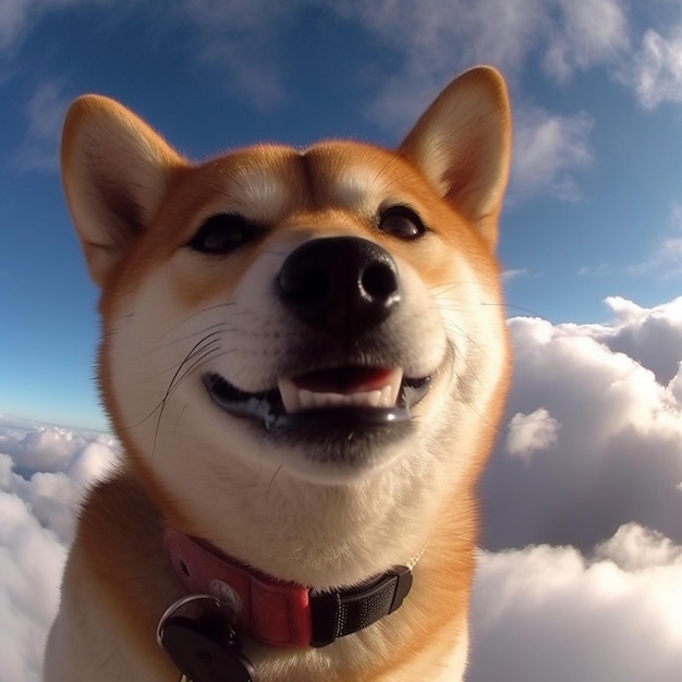 A dog in a red collar is looking up at the sky.