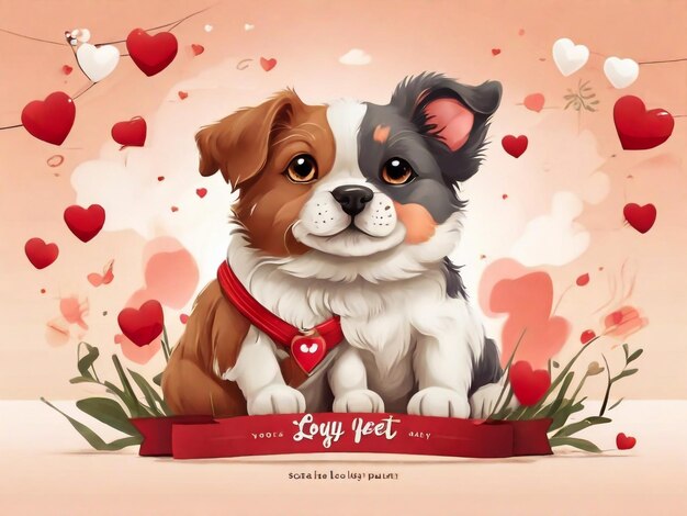 собака и красное сердце с сообщением, на котором написано " Любовь "