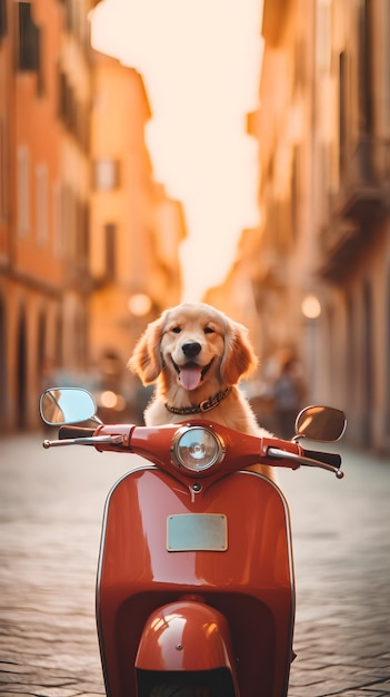 A dog on a red vespa in rome