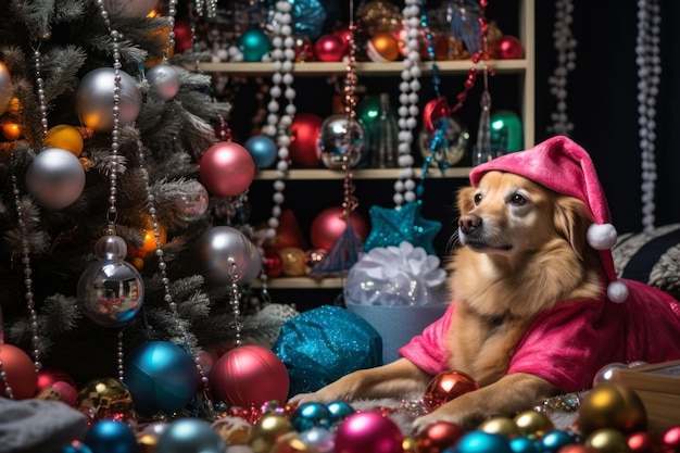 dog resting under the Christmas tree generative ai