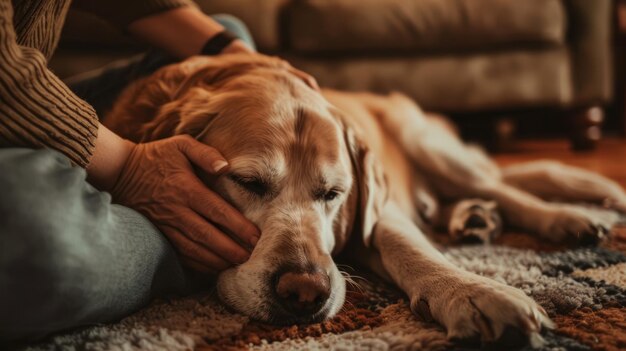 Dog rests its head on human39s hand