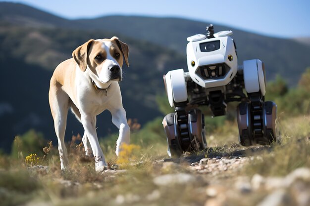Собака и робот на колесах вместе движутся по полю Горизонтальное фото