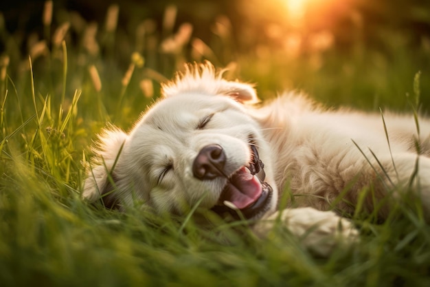 Photo a dog rolling on its back in the grass