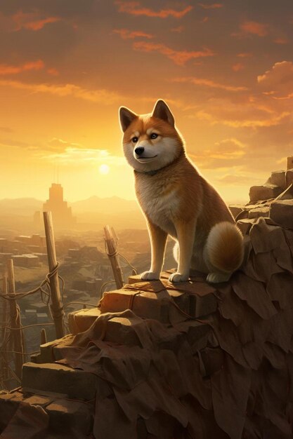 A dog on a roof with a sunset in the background