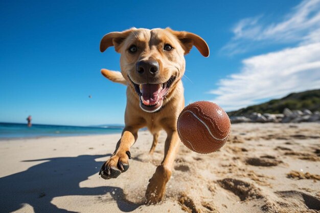 Photo a dog running on the beach with a ball in his mouth