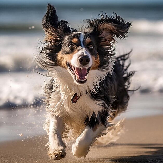 A dog running on the beach with the ocean in the background.