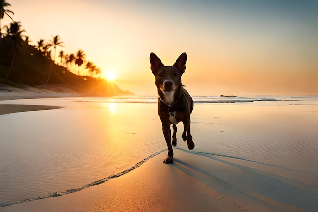 a dog running on the beach with palm trees in the background.
