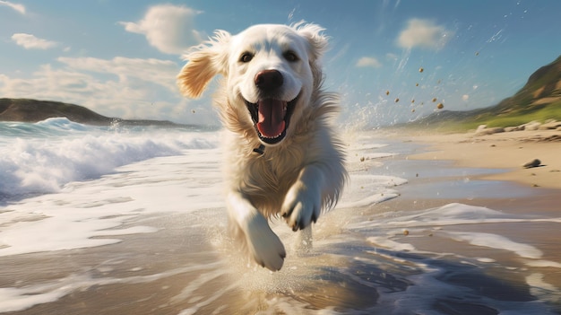 A dog running on the beach with the sky in the background