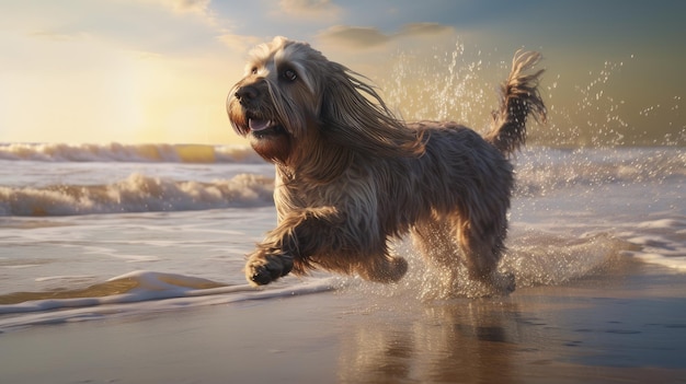 Собака бежит по пляжу с солнцем позади него