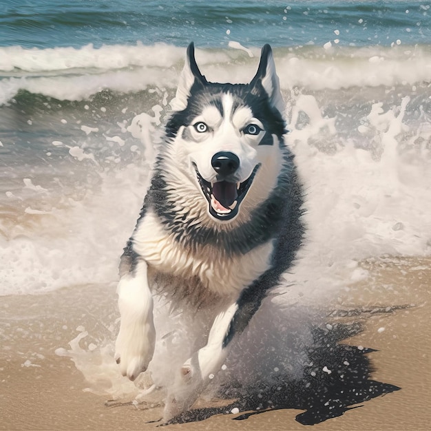 A dog running on the beach with the water behind him.