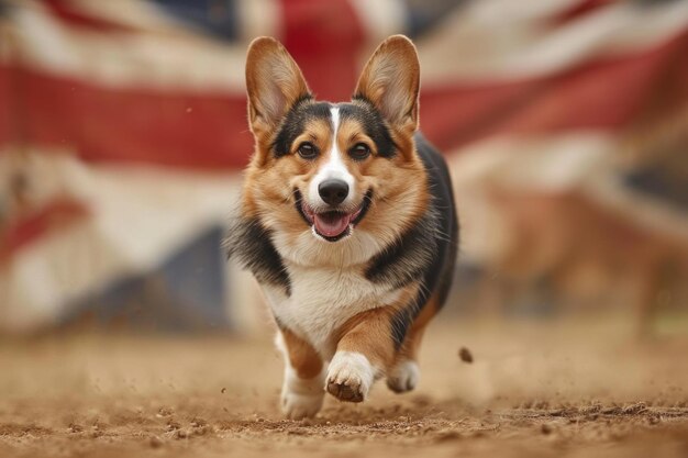 Dog Running on Dirt Ground With British Flag in Background