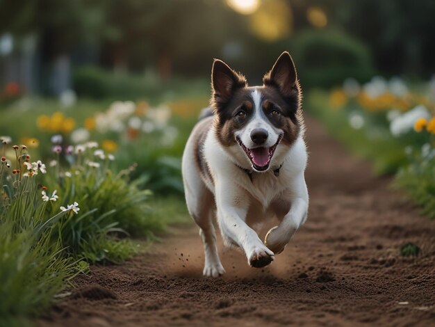 Photo a dog running in the dirt with flowers in the background