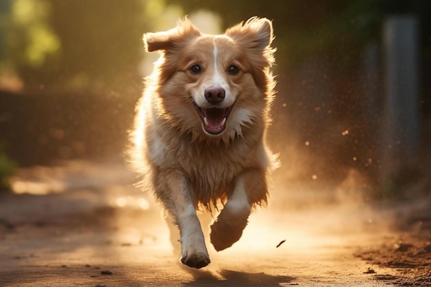 Photo a dog running in the dirt with the sun behind him