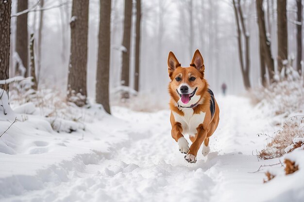 冬の雪の森で歩いている犬が舌を突き出して速く走っている