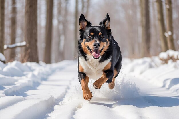 Dog running fast with tongue sticking out during winter walk in snowy wood