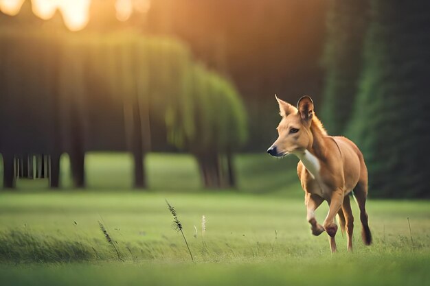 a dog running in a field with the sun behind it