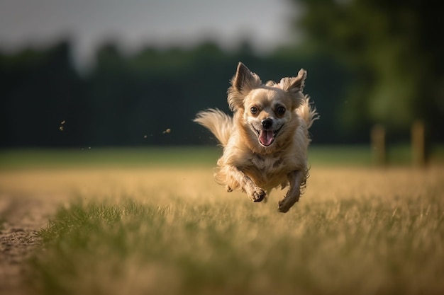 A dog running in a field with the sun shining on his face.