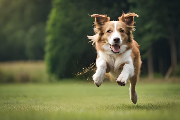 A dog running in a field with trees in the background