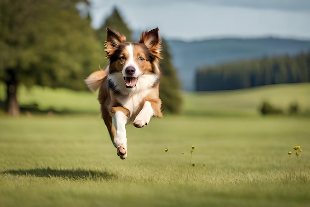 A dog running in a field with trees in the background