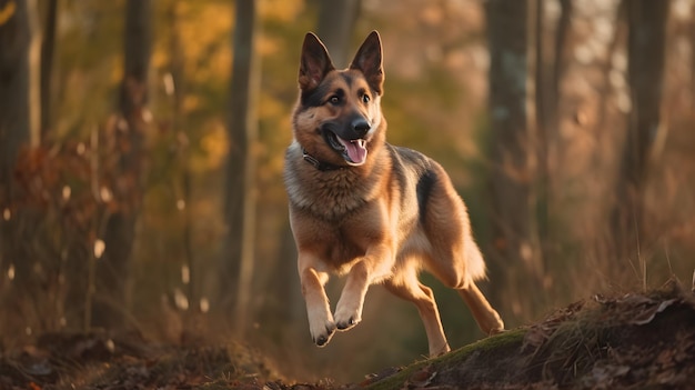 dog running in the forest with a blurred background