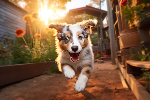 A dog running in front of a house with the sun shining on it.