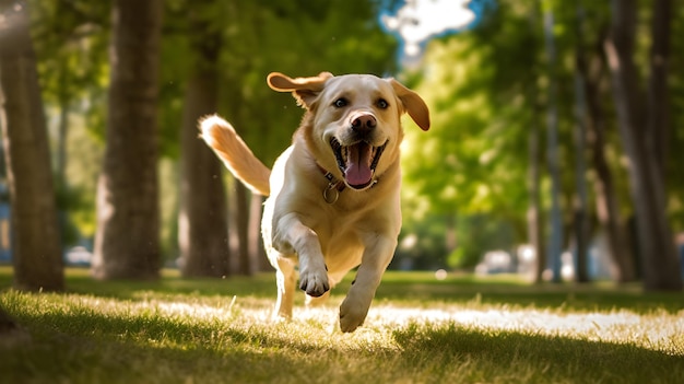 満面の笑みを浮かべて草の中を走っている犬。