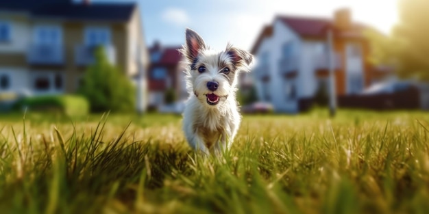 青空を背景に草の中を走る犬。